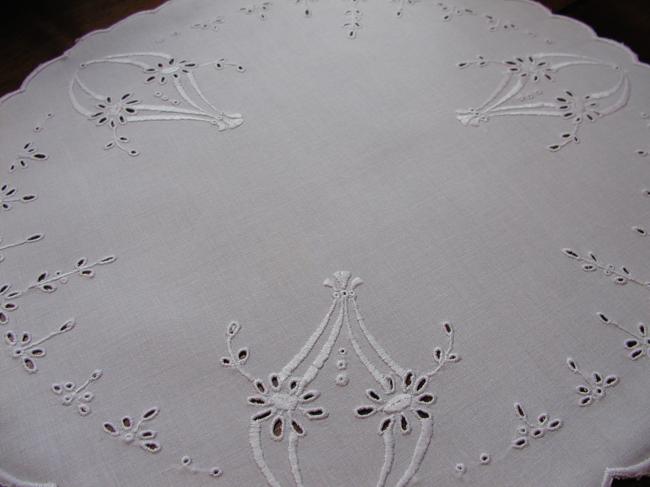 So cute round table centre with open and white embroidery of flowers