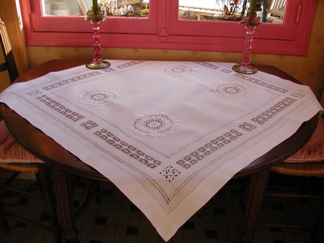 Wonderful drawn thread and Teneriff works tablecloth 1900