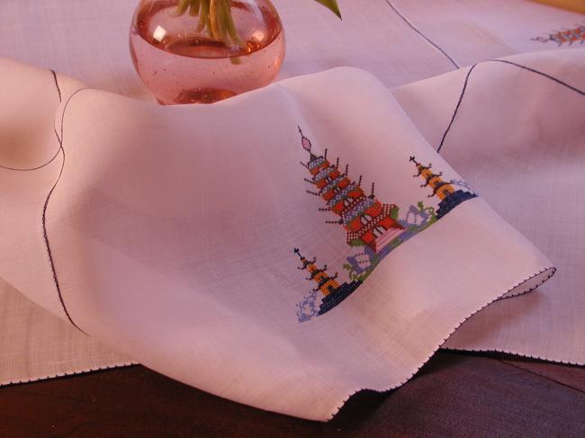 So lovely embroidered tablecloth with indo-chineese landscape