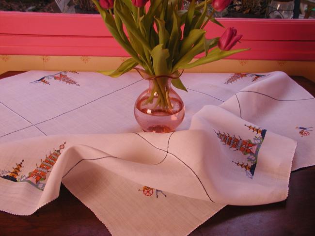 So lovely embroidered tablecloth with indo-chineese landscape