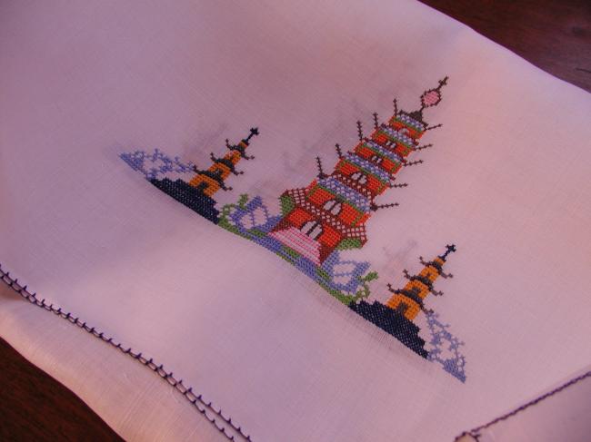 So lovely embroidered tablecloth with indo-chineese landscape