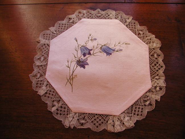 Lovely 2 doilies with painted flowers on silk with bobbin lace edging  cir.19th