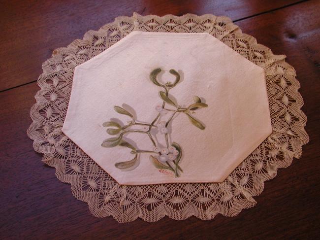 Lovely 2 doilies with painted flowers on silk with bobbin lace edging  cir.19th