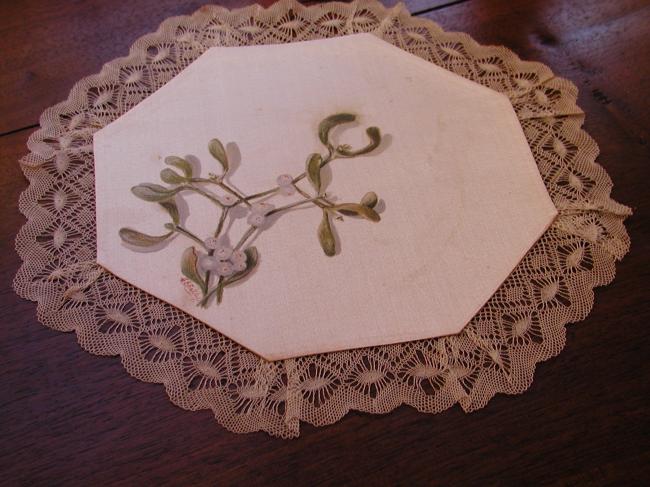 Lovely 2 doilies with painted flowers on silk with bobbin lace edging  cir.19th