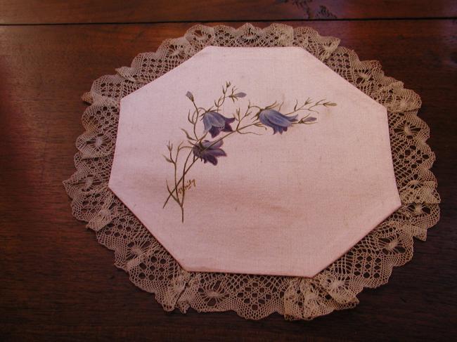 Lovely 2 doilies with painted flowers on silk with bobbin lace edging  cir.19th