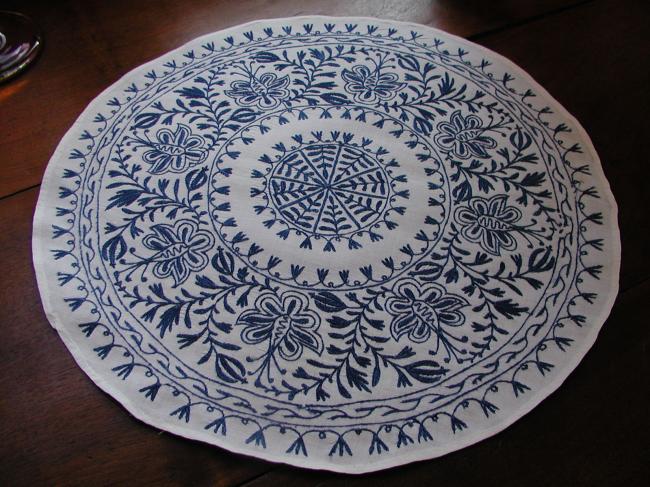 Lovely cashemire style round table centre, blue and white
