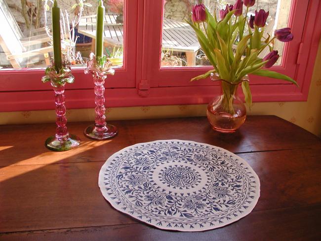 Lovely cashemire style round table centre, blue and white