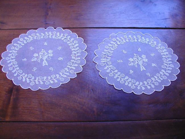 Gorgeous pair of doilies with  embroidered  little birds on net