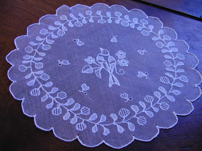 Gorgeous pair of doilies with  embroidered  little birds on net