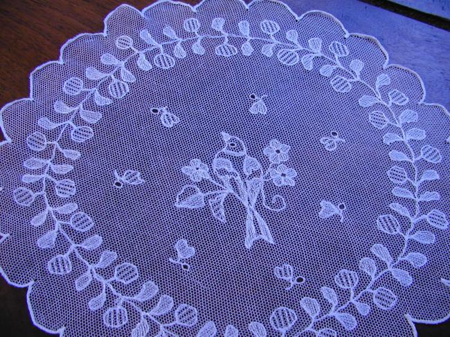 Gorgeous pair of doilies with  embroidered  little birds on net