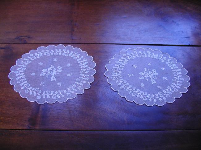 Gorgeous pair of doilies with  embroidered  little birds on net