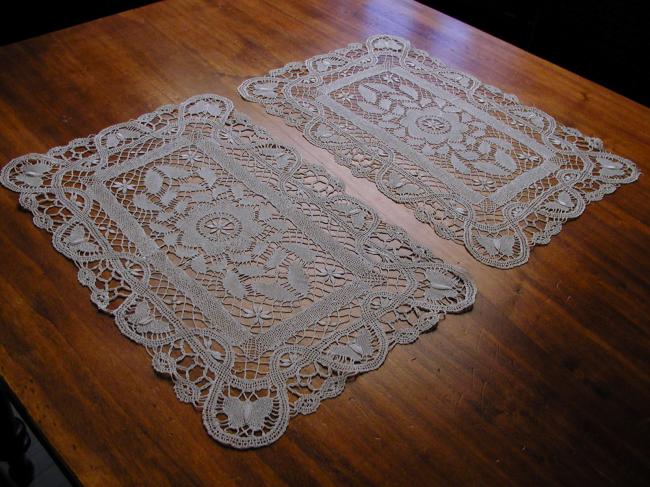 Gorgeous pair of trolley mats made in Cluny lace, with butterflies
