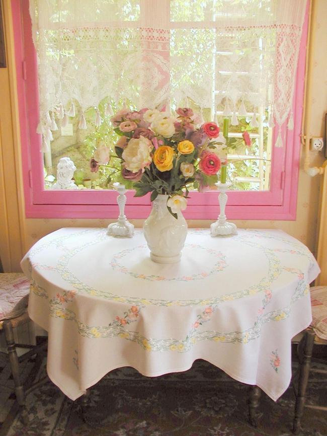 Gorgeous tablecloth with hand-embroidered wild primerose and snowdrops