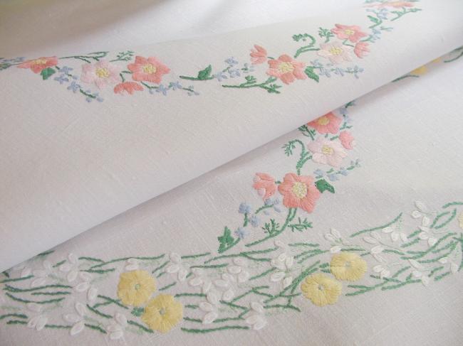 Gorgeous tablecloth with hand-embroidered wild primerose and snowdrops