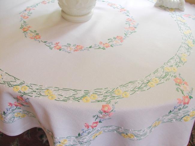 Gorgeous tablecloth with hand-embroidered wild primerose and snowdrops