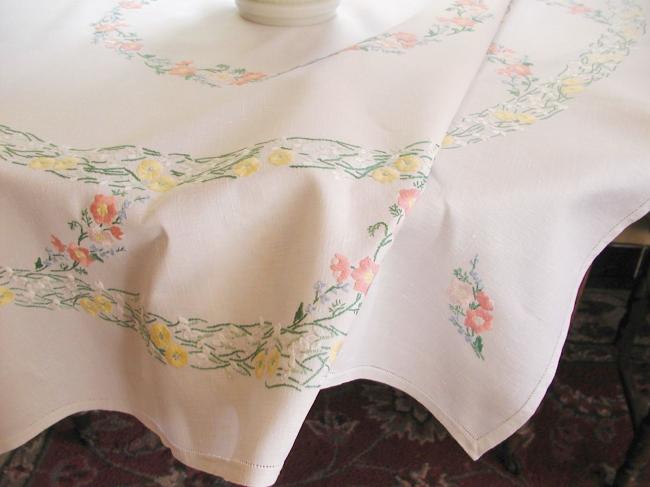 Gorgeous tablecloth with hand-embroidered wild primerose and snowdrops