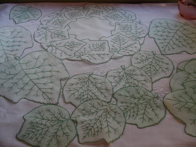 Magnificient  luncheon set of 17pieces of  organdi embroidered vine leaves