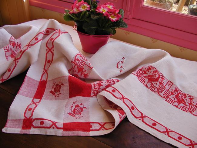 Gorgeous vintage jacquard (damask) red and white tablecloth with monogramm CC