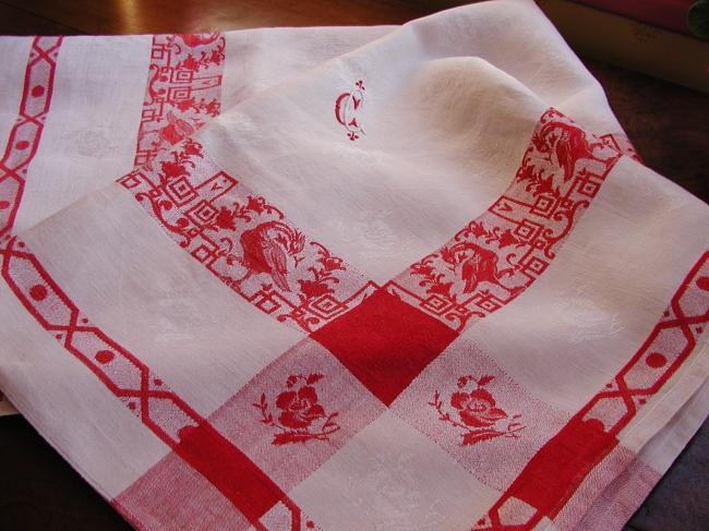 Gorgeous vintage jacquard (damask) red and white tablecloth with monogramm CC