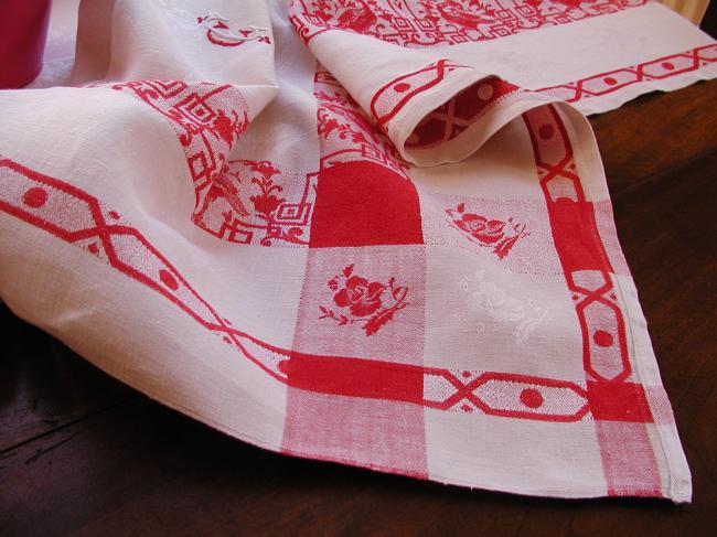 Gorgeous vintage jacquard (damask) red and white tablecloth with monogramm CC