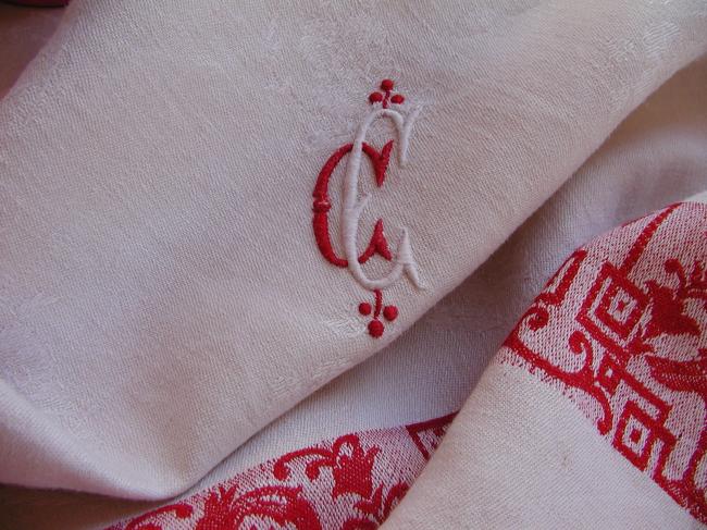 Gorgeous vintage jacquard (damask) red and white tablecloth with monogramm CC