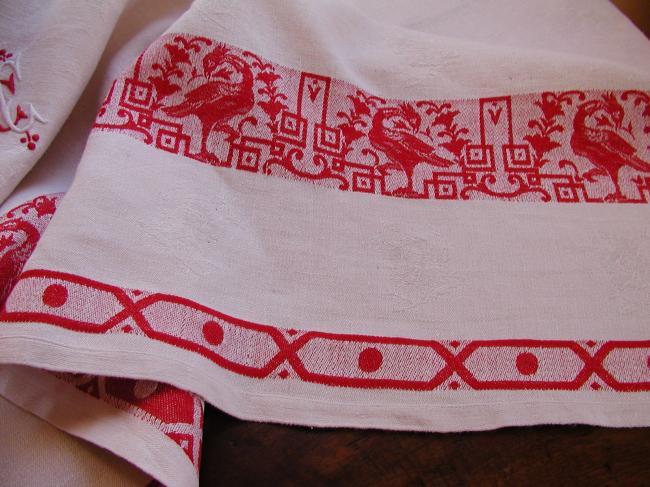 Gorgeous vintage jacquard (damask) red and white tablecloth with monogramm CC