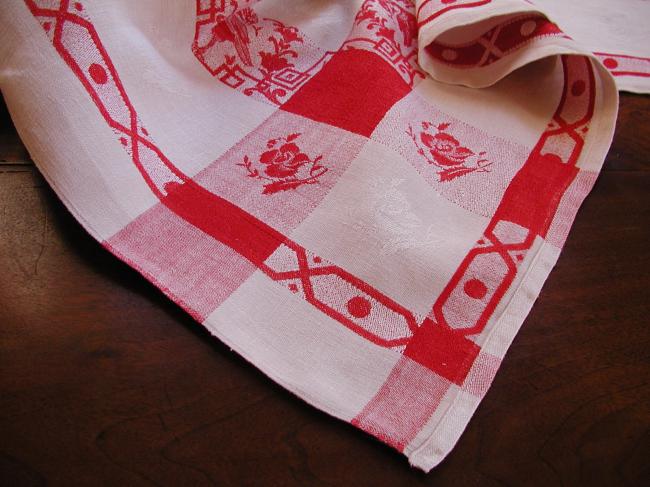 Gorgeous vintage jacquard (damask) red and white tablecloth with monogramm CC