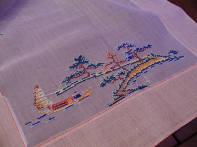 Gorgeous set of Luncheon in Pina & organdi, embroidered indo-chineese landscape