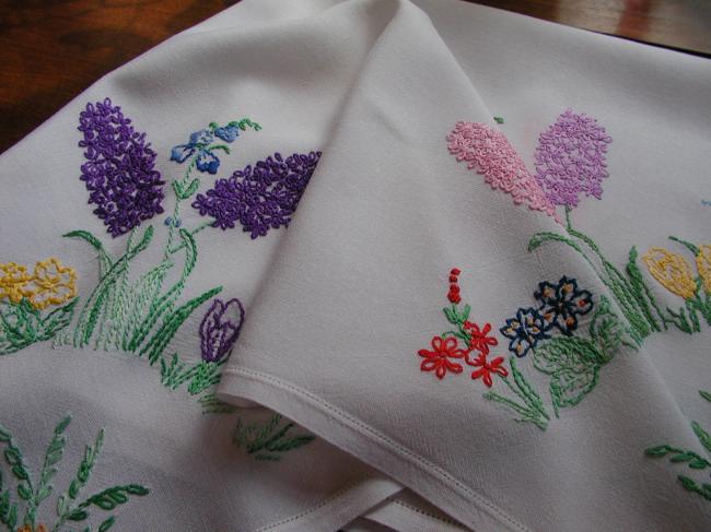 Really charming hand embroidered hyacinth tablecloth