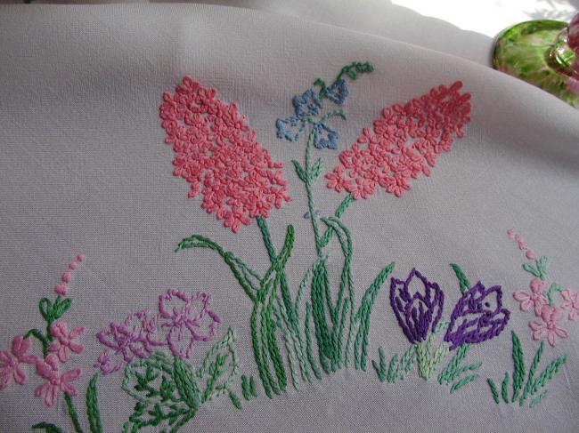 Really charming hand embroidered hyacinth tablecloth