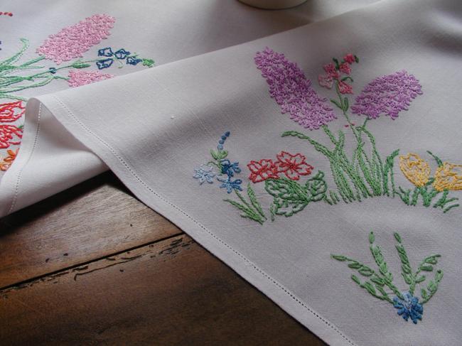 Really charming hand embroidered hyacinth tablecloth