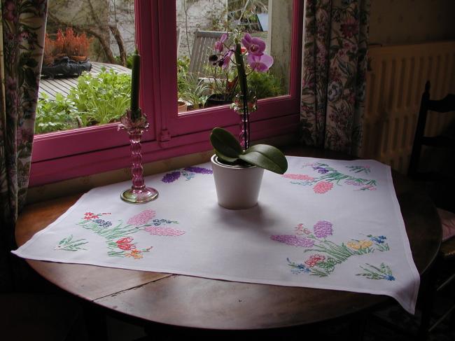 Really charming hand embroidered hyacinth tablecloth