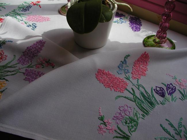 Really charming hand embroidered hyacinth tablecloth