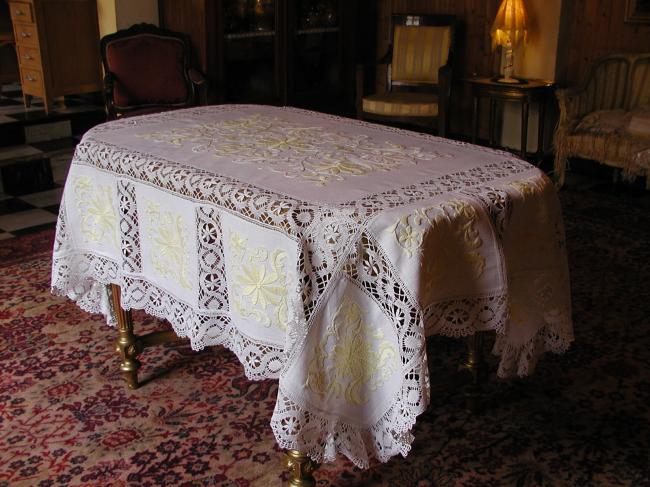 Wonderful and rich embroidered tablecloth with large insert of Cluny lace 1900