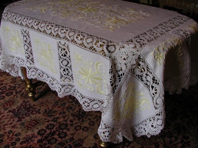 Wonderful and rich embroidered tablecloth with large insert of Cluny lace 1900